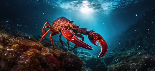 Wall Mural - Vibrant Red Lobster Amidst Blue Ocean Waters and Grey Rocks