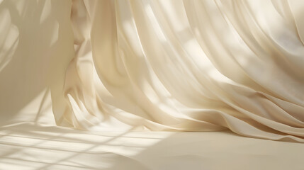 Poster - Minimalistic abstract gentle light beige background for product presentation with light and shadow of window curtains on wall : Generative AI