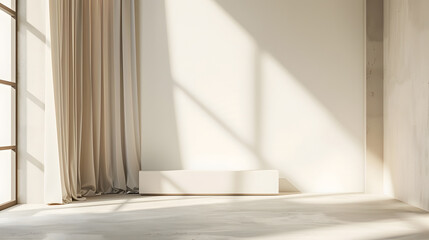 Aufkleber - Neutral modern empty room with sunlight shadow white blank wall background beige linen curtain stone floor or tabletop aesthetic minimalist interior design template : Generative AI