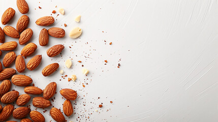 A scattering of crushed almonds on a solid white surface
