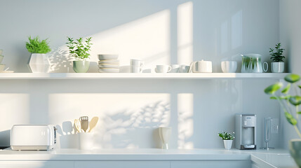 Aufkleber - Minimal cozy light home style scandinavian interior after repair White furniture with utensils shelves with crockery and plants in pots refrigerator in simple dining room panorama empt : Generative AI