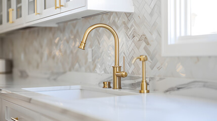 Wall Mural - Sink detail shot in a luxury kitchen with herringbone backsplash tiles white marble countertop and gold faucet : Generative AI