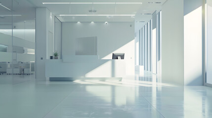 Poster - Large angle view Interior of an empty modern office with an empty desk Business and workplace Clean interior of a corporate company : Generative AI