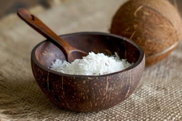 Sticker - Grated coconut in a natural coconut shell bowl with a wooden spoon, rustic kitchen setting