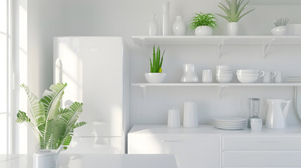 Aufkleber - Rent of modern housing sale of new apartment modern renovation White furniture with utensils shelves with crockery and plants in pots refrigerator in simple minimal dining room empty s : Generative AI