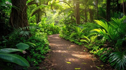 Canvas Print - Embark on a tranquil summer stroll along a lush forest path where vibrant greenery surrounds you Explore the depths of a tropical jungle a thrilling adventure awaiting Witness the beauty of