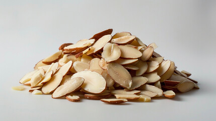 Pile of almond slices forming a textured heap on a solid background