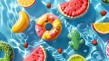 Top view of pool with inflatable fruits, cactus and donuts floating on the water, summer background, 3d render style