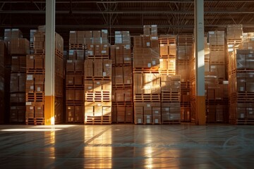 Sticker - Warm sunlight streaming through a large warehouse with rows of high shelves stocked with pallets