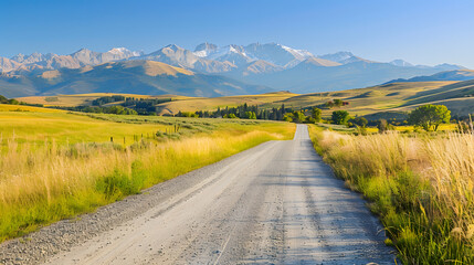 Poster - country road  and mountains under the blue sky : Generative AI