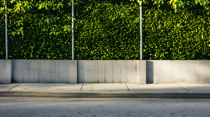 Aufkleber - House fence consisting by a long concrete rectangle block wall and a hedge above Cement sidewalk and asphalt street in front Background for copy space : Generative AI