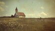 © Bijac - nostalgic vintage photograph of quaint old church in serene field evoking sense of timeless beauty and tranquility retro photography