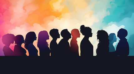 Wall Mural - Diverse Group of People Silhouetted Against Urban Sunset Sky, Symbolizing Community Unity and Global Collaboration for Business Success and Social Progress