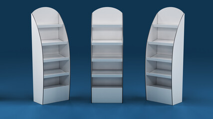 Retail temporary cardboard POS display. 3d illustration set on blue background