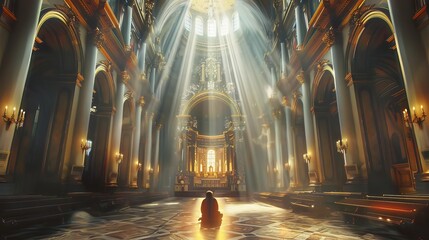 person praying and worshipping in majestic church cathedral spiritual scene