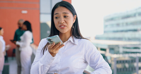 Aufkleber - Business woman, phone call and speaker, communication and networking, plan or negotiation at law firm. Lawyer on rooftop, deal or project with voice note, loudspeaker and connection with audio chat