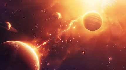 planets orbiting a bright glowing sun in deep space astronomy concept digital painting