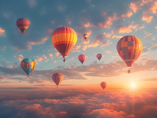 Sticker - Vibrant Hot Air Balloons Soaring at Stunning Sunrise or Sunset Sky with Dramatic Clouds and Lighting in Peaceful Serene Landscape