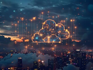Poster - glowing cloud computing icons over illuminated urban skyline representing digital transformation and
