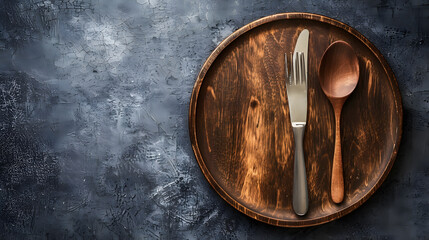 Aufkleber - An empty plate with a knife fork or spoon with a wooden cutting board on a dark concrete background Preparation of appliances and ingredients for home cooking : Generative AI