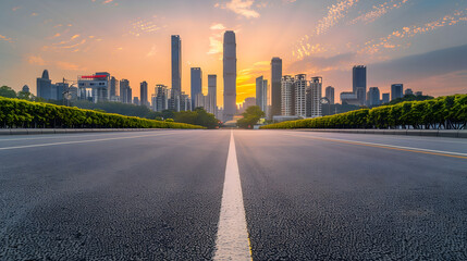 Wall Mural - Straight asphalt road and modern city skyline with buildings in Guangzhou at sunset China : Generative AI