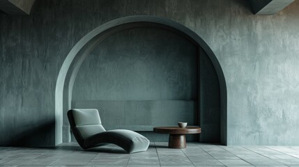 A minimalist interior with a modern lounge chair and a small round table in front of an arched alcove. The room features a monochromatic color scheme with shades of gray and a tiled floor