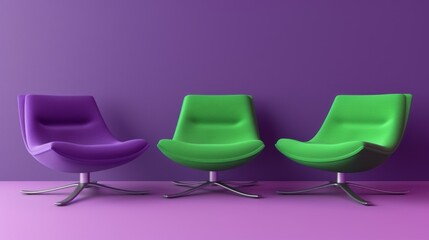 Three modern lounge chairs, one purple and two green, arranged in a row against a purple wall and pink floor