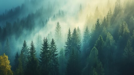 Poster - Fog covered forest located in the mountains at dawn, soft light filters through the trees