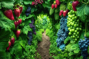 Surreal fruits and berries growing in the garden