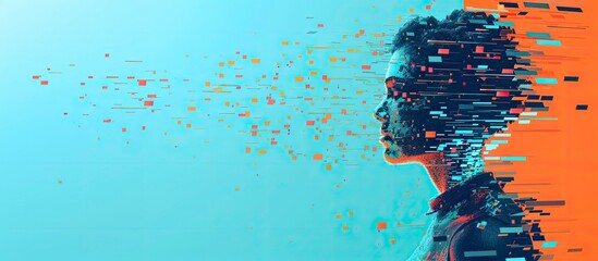 Graphic profile of a woman with pixel disintegration effect on a contrasting background. Concept digital illustration of a person immersed in an information flow that needs filtering