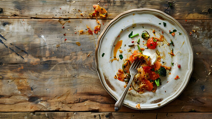 Aufkleber - Dirty plate with food leftovers and fork on wooden background top view : Generative AI