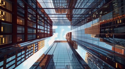 Reflective skyscraper business office buildings. Bottom up view.