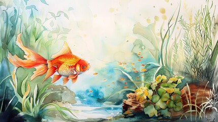 serene goldfish swimming among lush aquatic plants realistic aquarium watercolor painting