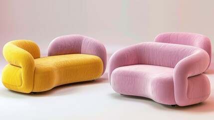 Two modern, colorful sofas with a soft, plush texture. One sofa is yellow and the other is pink. Both have a unique, curvy design and are placed in a minimalist setting