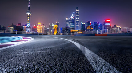 Aufkleber - Race track road and city skyline with buildings at night in ShanghaiChina : Generative AI