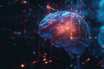 Poster - Illustration showcasing a glowing brain against a dark background with network connections and particles