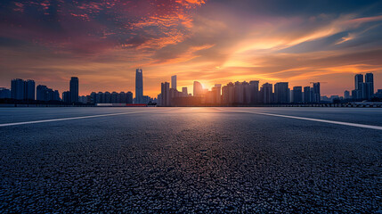 Aufkleber - Asphalt road and city skyline with modern building at sunset in Suzhou Jiangsu Province China : Generative AI
