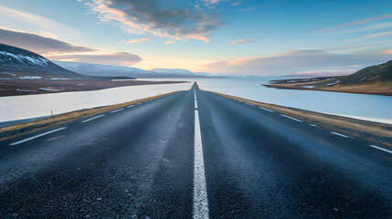 Aufkleber - Diminishing perspective of asphalt empty roadway with road markings passing through scenic lake against sky in iceland : Generative AI