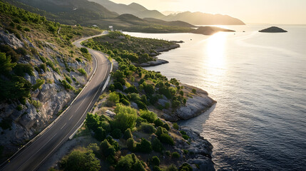 Poster - Asphalt road square and beautiful coastline with mountain natural landscape at sunset High Angle view : Generative AI