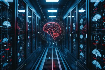 Poster - Digital brain concept with neural network hologram in a modern server data center