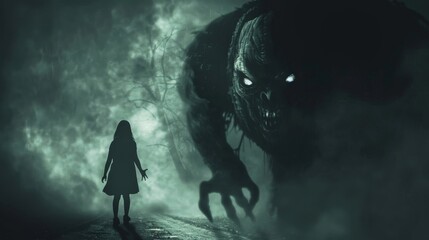 Poster - A woman is standing in front of a monster