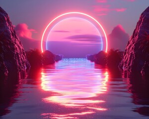 Wall Mural - serene yet futuristic neon landscape for lifestyle product showcasing