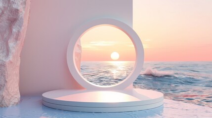 A serene coastal scene featuring a circular window frame overlooking the ocean at sunset. The sun is setting on the horizon, casting warm colors across the water