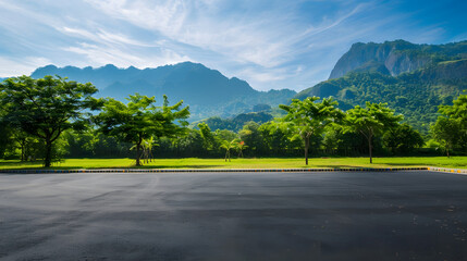 Poster - Asphalt road square and green forest with mountain natural landscape under blue sky : Generative AI