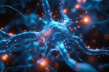 Poster - Illustration of neuronal network synapse activity in the human brain, showcasing the intricate neural connections and neurotransmission process
