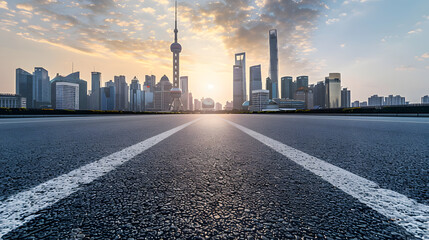 Aufkleber - Empty asphalt road and city skyline with buildings at sunset in Shanghai : Generative AI