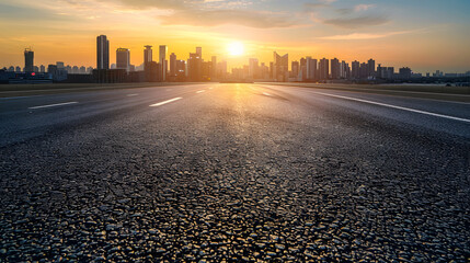 Aufkleber - Asphalt road and modern city skyline with buildings scenery at sunset : Generative AI