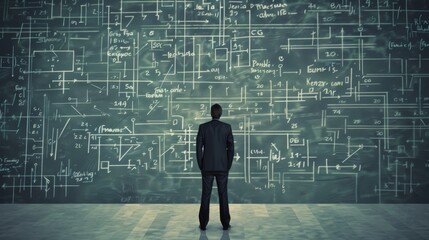 A daunting task, finding a solution a concept. A young businessman stands in front of a dark wall scribbled with complex calculations.