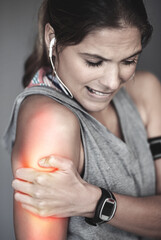 Sticker - Woman, arm pain and injury for sports in studio with red glow, medical trauma and muscle fatigue from training. Athlete, bruise and glowing anatomy for bone fracture with exercise by grey background