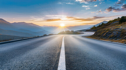 Fototapete - Asphalt highway road and mountain natural scenery at sunrise panoramic view : Generative AI